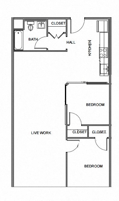 Floor plan for 2 beds, 1 bath, 1031 sqft